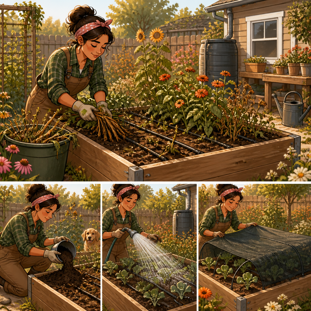 Cartoony late-summer raised bed garden being cleared, composted, watered, and shaded for new seedlings.