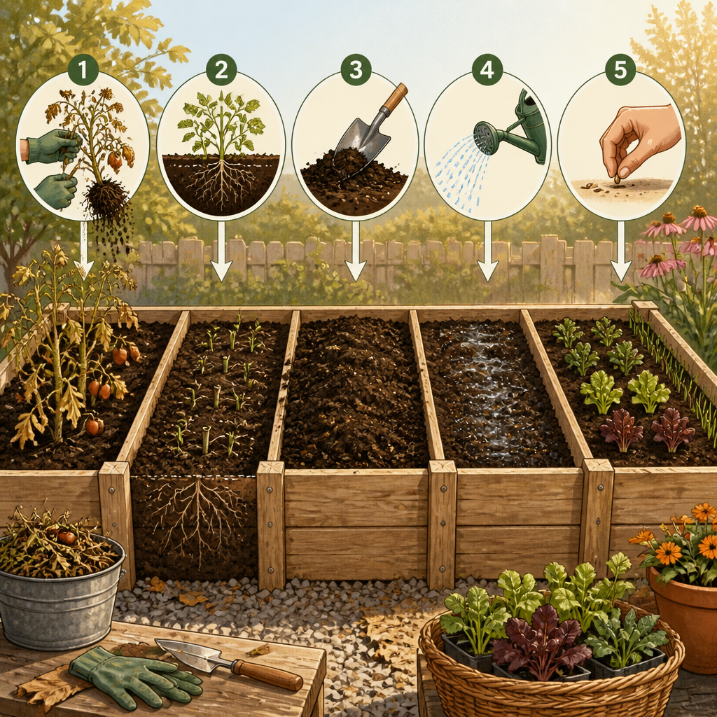 Step-by-step visual plan for resetting a raised bed before late-summer planting.