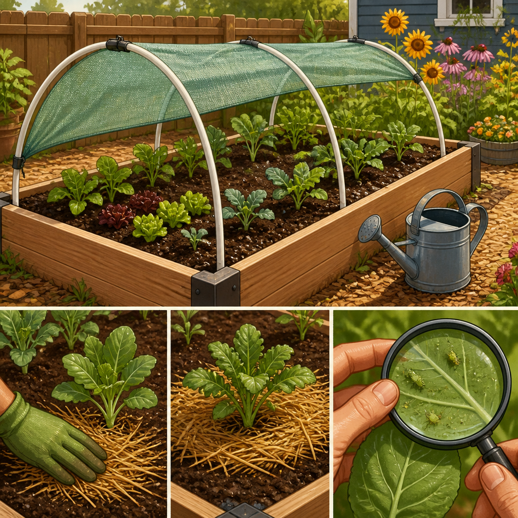 Raised bed seedlings protected with shade cloth, light mulch, and careful watering during hot late-summer weather.