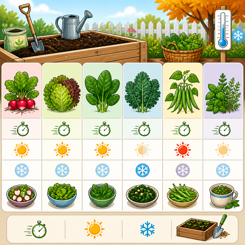 Visual comparison of late-summer raised bed crops including radishes, greens, beans, kale, and herbs.